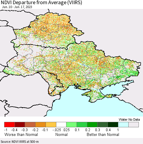 Ukraine, Moldova and Belarus NDVI Departure from Average (VIIRS) Thematic Map For 6/10/2023 - 6/17/2023