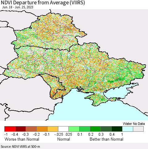 Ukraine, Moldova and Belarus NDVI Departure from Average (VIIRS) Thematic Map For 6/18/2023 - 6/25/2023