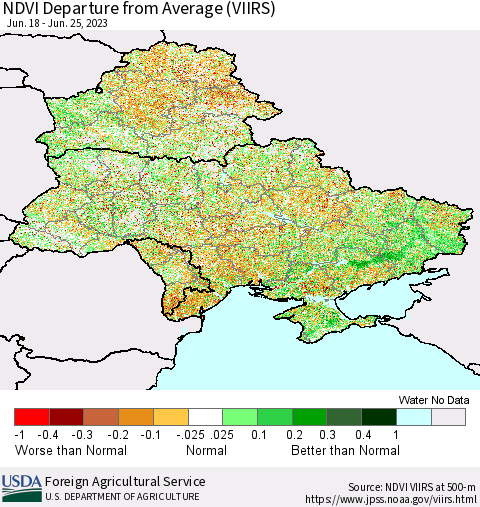 Ukraine, Moldova and Belarus NDVI Departure from Average (VIIRS) Thematic Map For 6/21/2023 - 6/30/2023
