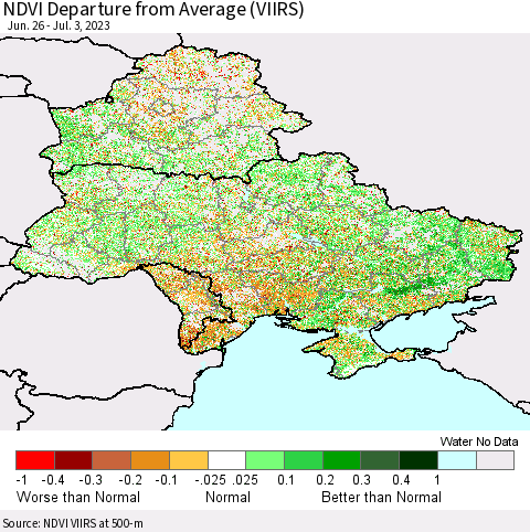 Ukraine, Moldova and Belarus NDVI Departure from Average (VIIRS) Thematic Map For 6/26/2023 - 7/3/2023