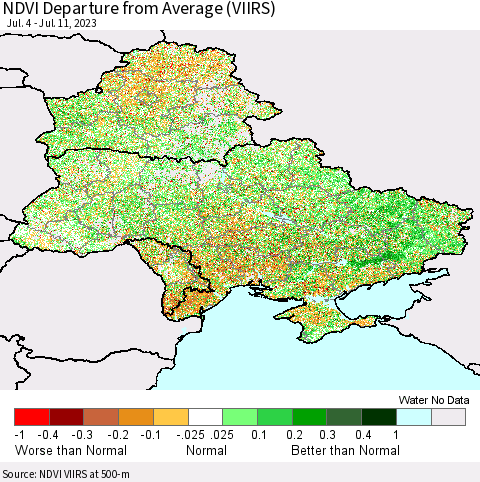 Ukraine, Moldova and Belarus NDVI Departure from Average (VIIRS) Thematic Map For 7/4/2023 - 7/11/2023