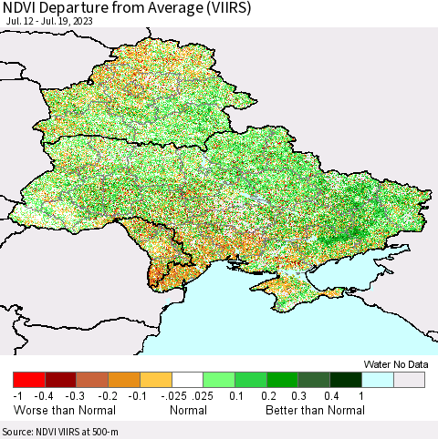 Ukraine, Moldova and Belarus NDVI Departure from Average (VIIRS) Thematic Map For 7/12/2023 - 7/19/2023