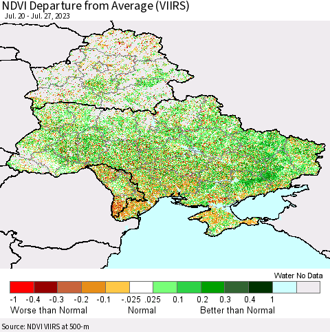 Ukraine, Moldova and Belarus NDVI Departure from Average (VIIRS) Thematic Map For 7/20/2023 - 7/27/2023