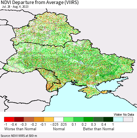 Ukraine, Moldova and Belarus NDVI Departure from Average (VIIRS) Thematic Map For 7/28/2023 - 8/4/2023