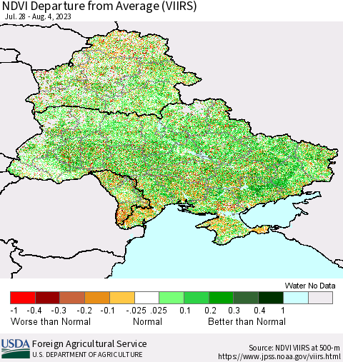 Ukraine, Moldova and Belarus NDVI Departure from Average (VIIRS) Thematic Map For 8/1/2023 - 8/10/2023