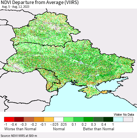 Ukraine, Moldova and Belarus NDVI Departure from Average (VIIRS) Thematic Map For 8/5/2023 - 8/12/2023