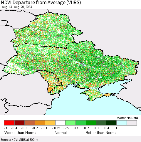 Ukraine, Moldova and Belarus NDVI Departure from Average (VIIRS) Thematic Map For 8/11/2023 - 8/20/2023
