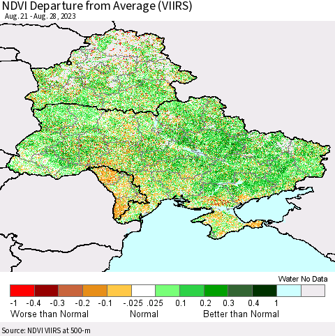 Ukraine, Moldova and Belarus NDVI Departure from Average (VIIRS) Thematic Map For 8/21/2023 - 8/28/2023