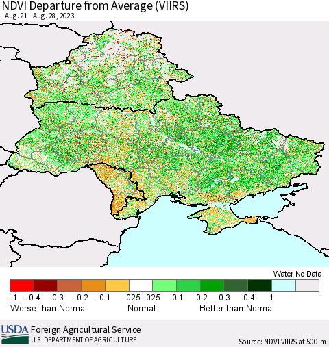 Ukraine, Moldova and Belarus NDVI Departure from Average (VIIRS) Thematic Map For 8/21/2023 - 8/31/2023