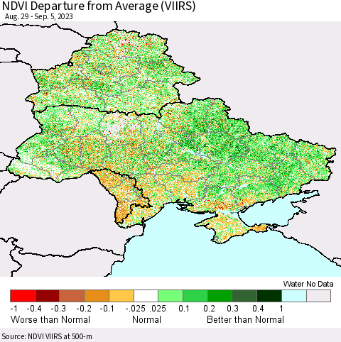Ukraine, Moldova and Belarus NDVI Departure from Average (VIIRS) Thematic Map For 8/29/2023 - 9/5/2023