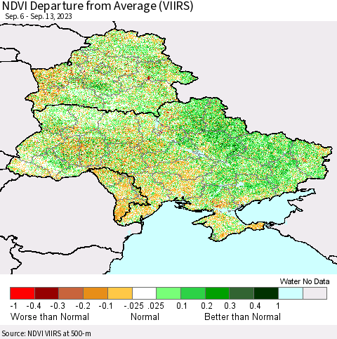 Ukraine, Moldova and Belarus NDVI Departure from Average (VIIRS) Thematic Map For 9/6/2023 - 9/13/2023