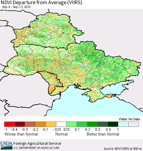 Ukraine, Moldova and Belarus NDVI Departure from Average (VIIRS) Thematic Map For 9/11/2023 - 9/20/2023