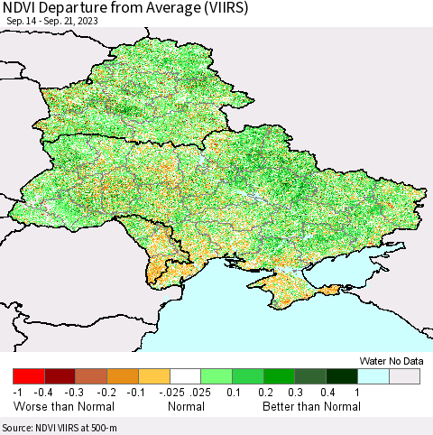 Ukraine, Moldova and Belarus NDVI Departure from Average (VIIRS) Thematic Map For 9/14/2023 - 9/21/2023