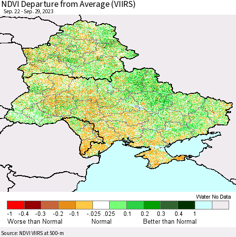Ukraine, Moldova and Belarus NDVI Departure from Average (VIIRS) Thematic Map For 9/22/2023 - 9/29/2023