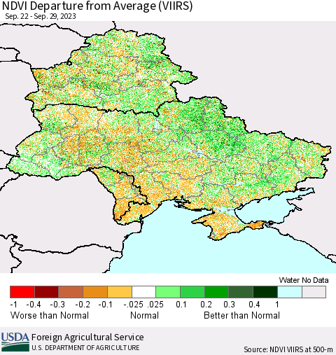 Ukraine, Moldova and Belarus NDVI Departure from Average (VIIRS) Thematic Map For 9/21/2023 - 9/30/2023