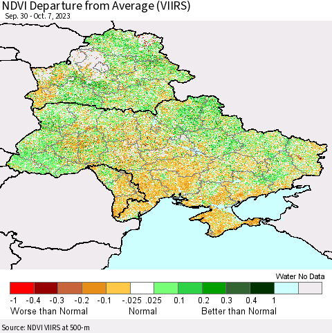 Ukraine, Moldova and Belarus NDVI Departure from Average (VIIRS) Thematic Map For 9/30/2023 - 10/7/2023