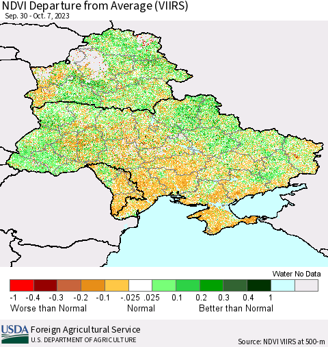 Ukraine, Moldova and Belarus NDVI Departure from Average (VIIRS) Thematic Map For 10/1/2023 - 10/10/2023