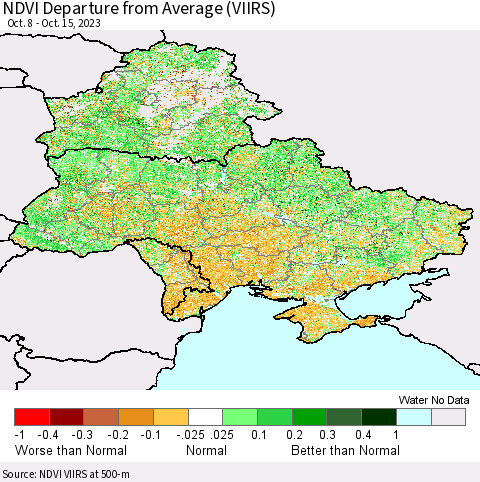 Ukraine, Moldova and Belarus NDVI Departure from Average (VIIRS) Thematic Map For 10/8/2023 - 10/15/2023