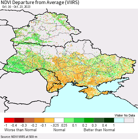 Ukraine, Moldova and Belarus NDVI Departure from Average (VIIRS) Thematic Map For 10/16/2023 - 10/23/2023