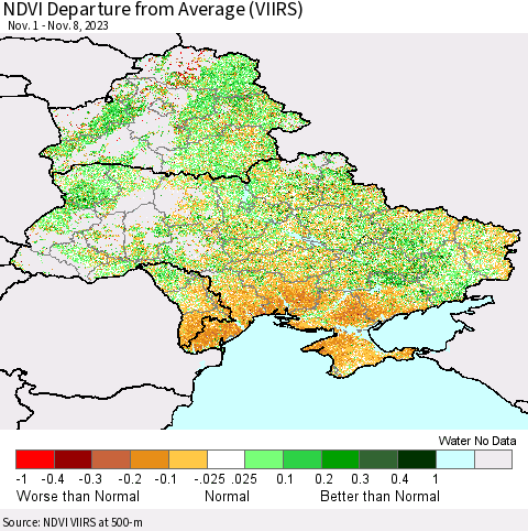Ukraine, Moldova and Belarus NDVI Departure from Average (VIIRS) Thematic Map For 11/1/2023 - 11/8/2023