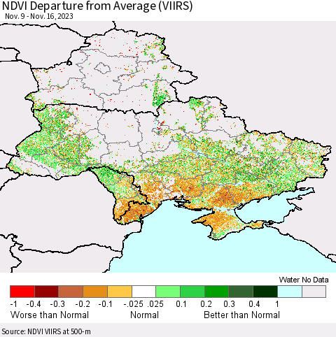 Ukraine, Moldova and Belarus NDVI Departure from Average (VIIRS) Thematic Map For 11/9/2023 - 11/16/2023