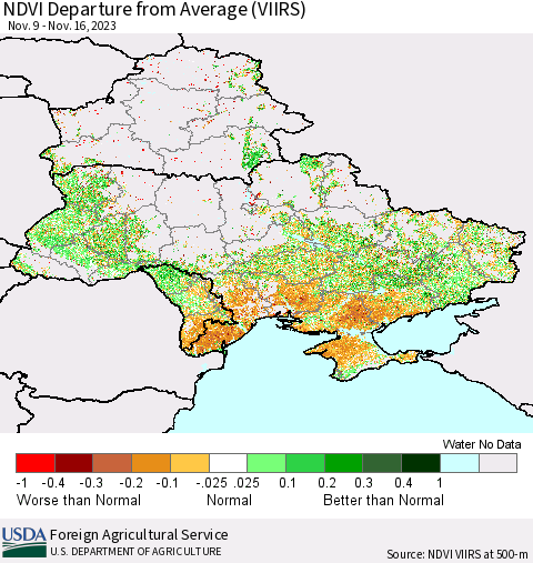 Ukraine, Moldova and Belarus NDVI Departure from Average (VIIRS) Thematic Map For 11/11/2023 - 11/20/2023