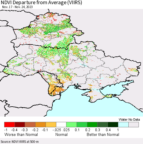 Ukraine, Moldova and Belarus NDVI Departure from Average (VIIRS) Thematic Map For 11/17/2023 - 11/24/2023