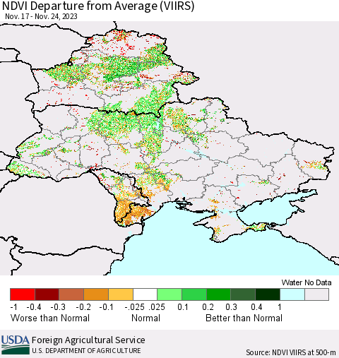 Ukraine, Moldova and Belarus NDVI Departure from Average (VIIRS) Thematic Map For 11/21/2023 - 11/30/2023