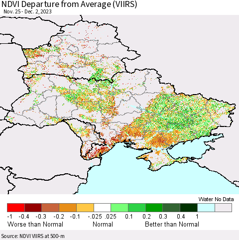 Ukraine, Moldova and Belarus NDVI Departure from Average (VIIRS) Thematic Map For 11/25/2023 - 12/2/2023