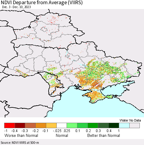 Ukraine, Moldova and Belarus NDVI Departure from Average (VIIRS) Thematic Map For 12/1/2023 - 12/10/2023