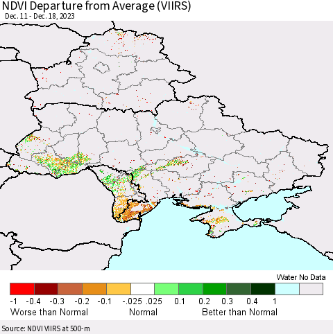 Ukraine, Moldova and Belarus NDVI Departure from Average (VIIRS) Thematic Map For 12/11/2023 - 12/18/2023