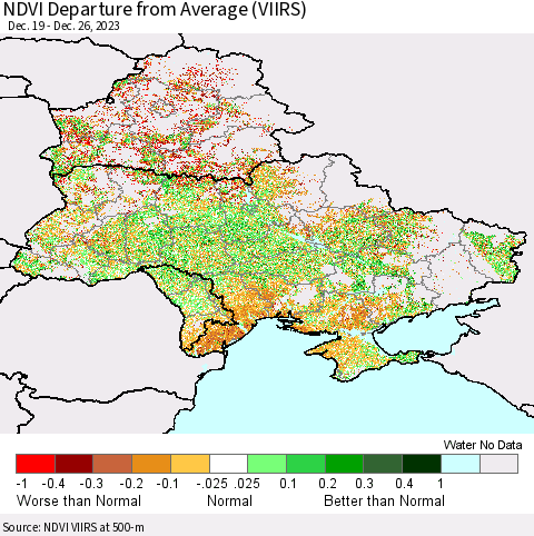 Ukraine, Moldova and Belarus NDVI Departure from Average (VIIRS) Thematic Map For 12/19/2023 - 12/26/2023