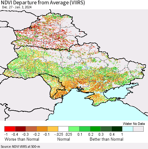 Ukraine, Moldova and Belarus NDVI Departure from Average (VIIRS) Thematic Map For 12/27/2023 - 1/3/2024