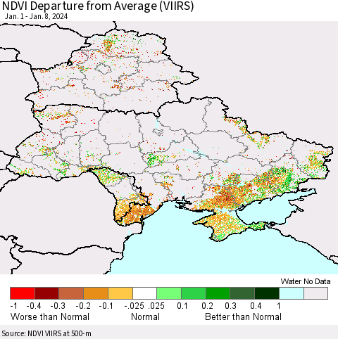 Ukraine, Moldova and Belarus NDVI Departure from Average (VIIRS) Thematic Map For 1/1/2024 - 1/8/2024