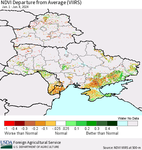 Ukraine, Moldova and Belarus NDVI Departure from Average (VIIRS) Thematic Map For 1/1/2024 - 1/10/2024