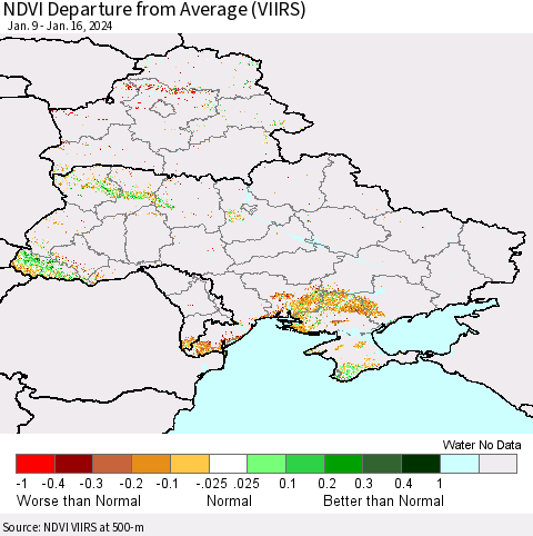 Ukraine, Moldova and Belarus NDVI Departure from Average (VIIRS) Thematic Map For 1/9/2024 - 1/16/2024