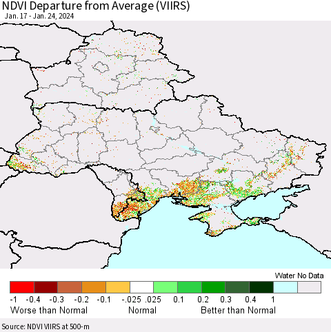 Ukraine, Moldova and Belarus NDVI Departure from Average (VIIRS) Thematic Map For 1/17/2024 - 1/24/2024
