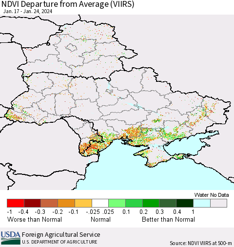 Ukraine, Moldova and Belarus NDVI Departure from Average (VIIRS) Thematic Map For 1/21/2024 - 1/31/2024