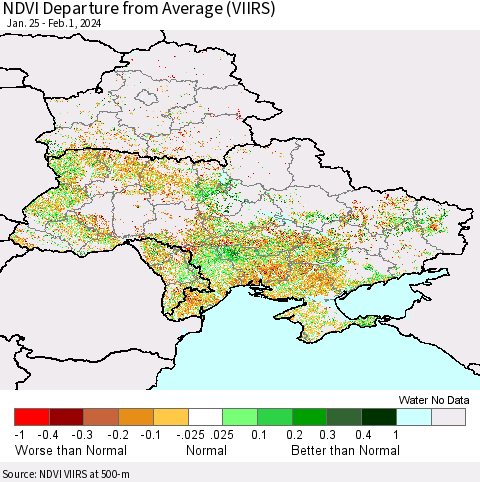 Ukraine, Moldova and Belarus NDVI Departure from Average (VIIRS) Thematic Map For 1/25/2024 - 2/1/2024