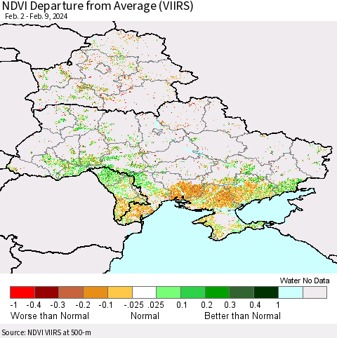 Ukraine, Moldova and Belarus NDVI Departure from Average (VIIRS) Thematic Map For 2/2/2024 - 2/9/2024