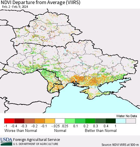 Ukraine, Moldova and Belarus NDVI Departure from Average (VIIRS) Thematic Map For 2/1/2024 - 2/10/2024