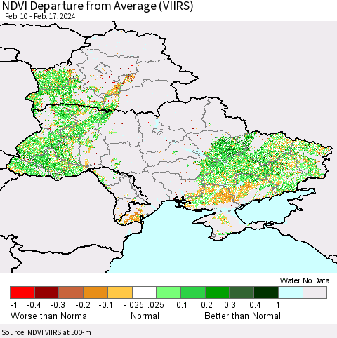 Ukraine, Moldova and Belarus NDVI Departure from Average (VIIRS) Thematic Map For 2/10/2024 - 2/17/2024