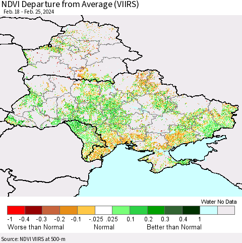 Ukraine, Moldova and Belarus NDVI Departure from Average (VIIRS) Thematic Map For 2/18/2024 - 2/25/2024