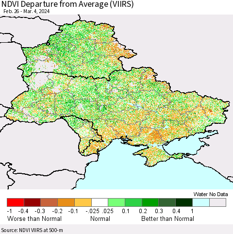 Ukraine, Moldova and Belarus NDVI Departure from Average (VIIRS) Thematic Map For 2/26/2024 - 3/4/2024