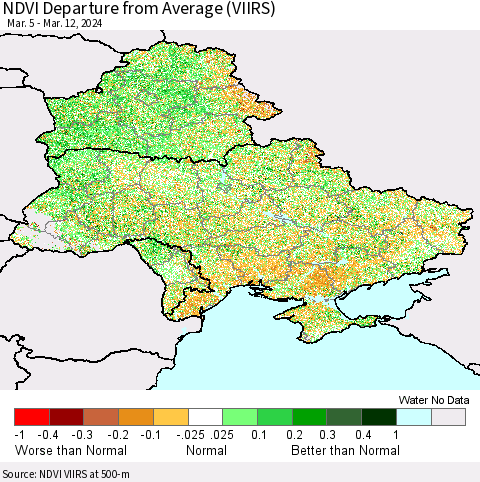 Ukraine, Moldova and Belarus NDVI Departure from Average (VIIRS) Thematic Map For 3/5/2024 - 3/12/2024