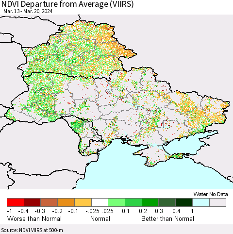 Ukraine, Moldova and Belarus NDVI Departure from Average (VIIRS) Thematic Map For 3/13/2024 - 3/20/2024