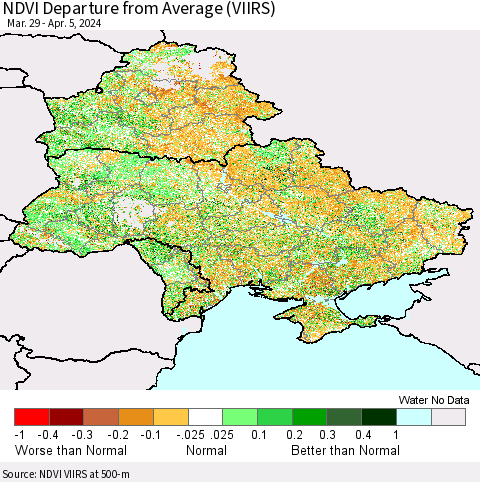 Ukraine, Moldova and Belarus NDVI Departure from Average (VIIRS) Thematic Map For 3/29/2024 - 4/5/2024