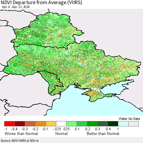Ukraine, Moldova and Belarus NDVI Departure from Average (VIIRS) Thematic Map For 4/6/2024 - 4/13/2024