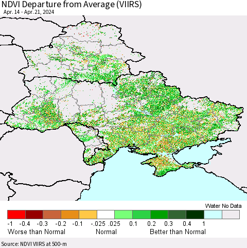 Ukraine, Moldova and Belarus NDVI Departure from Average (VIIRS) Thematic Map For 4/14/2024 - 4/21/2024