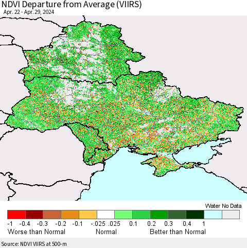 Ukraine, Moldova and Belarus NDVI Departure from Average (VIIRS) Thematic Map For 4/22/2024 - 4/29/2024